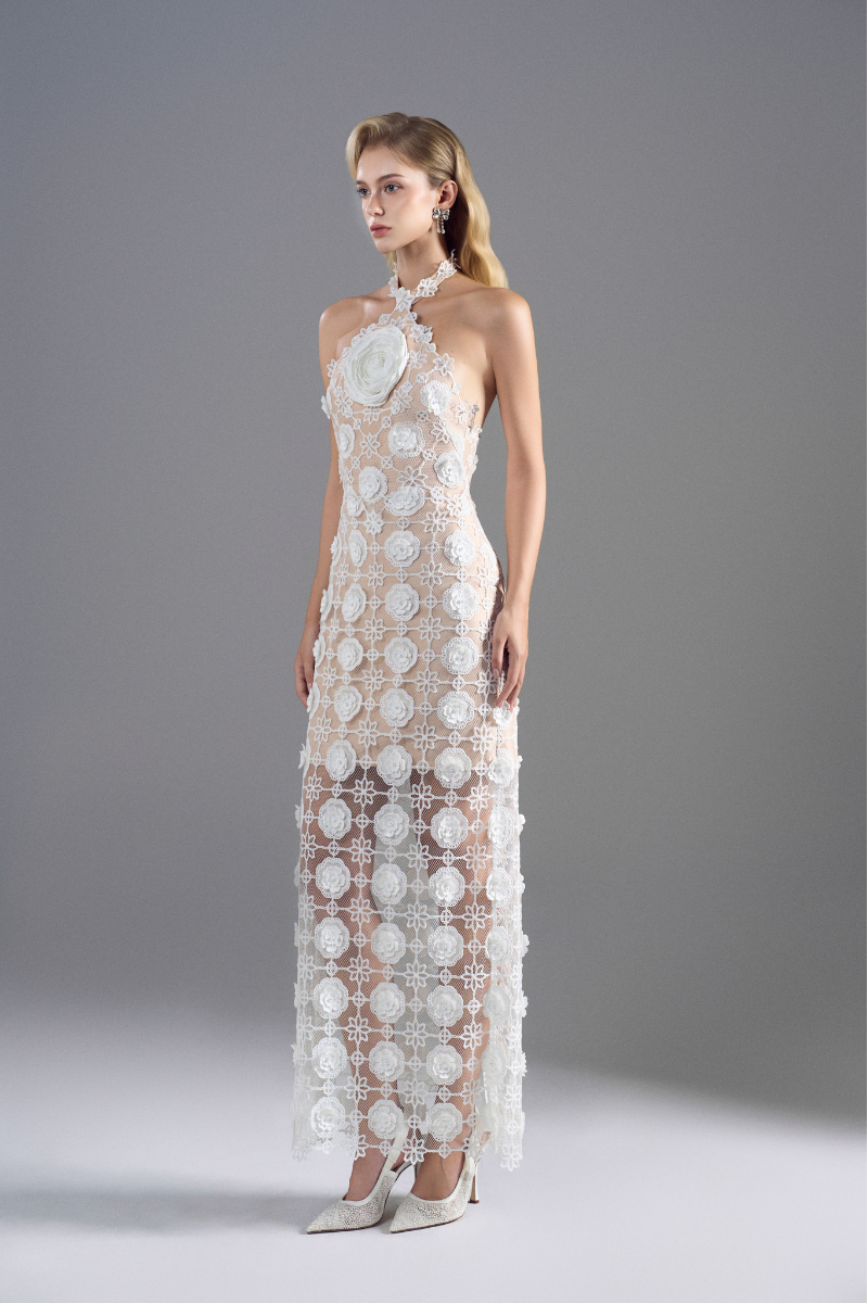 ROSEE de MATIN HALTER NECK LACE MIDI DRESS IN White | Cult Mia ROSEE de MATIN HALTER NECK LACE MIDI DRESS IN White | Cult Mia