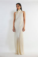 Deme By Gabriella Shannyn off-white satin high-neck gown with elegant draping and long sleeves, tailored fit for formal occasions.