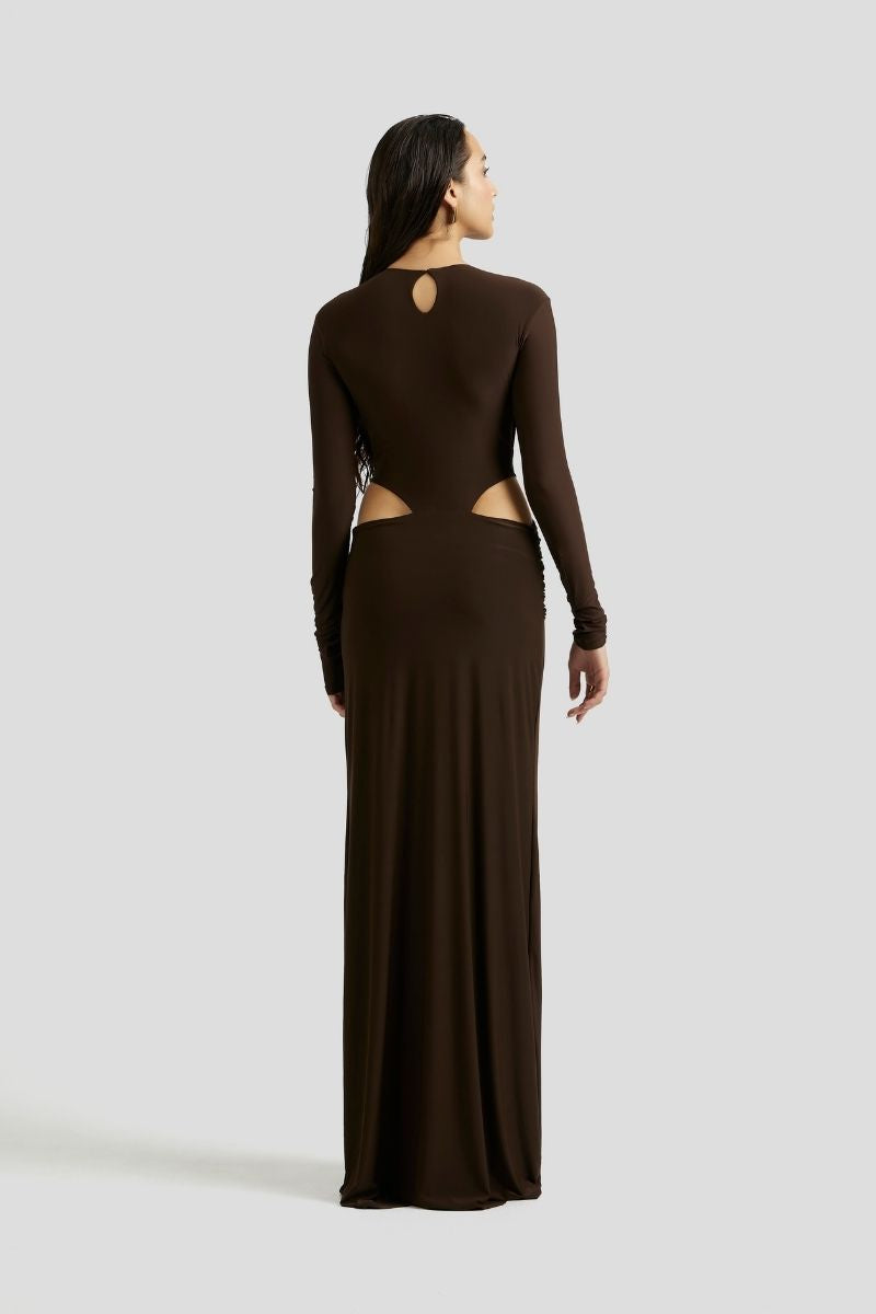 AMALIE MAXI DRESS IN CHOCOLATE BROWN - CULT MIA
