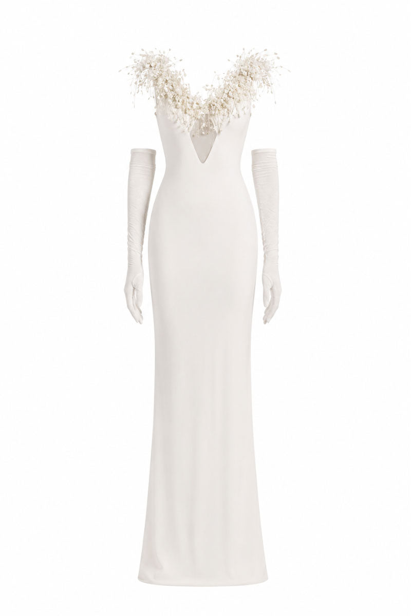 Elegant white Envious Dress gown by White Plan, featuring a flowing design and detailed fabric visible in the image.