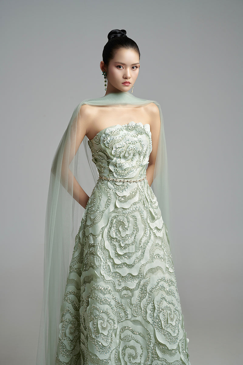 FLOWER WAVE A LINE MAXI DRESS WITH SCARF DETAIL - CULT MIA
