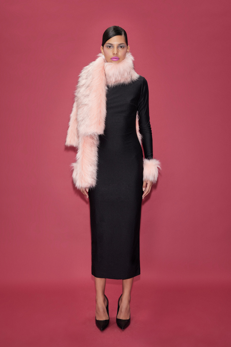 JERSEY BACKLESS MIDI DRESS WITH FAUX FUR TRIMMINGS JERSEY BACKLESS MIDI DRESS WITH FAUX FUR TRIMMINGS