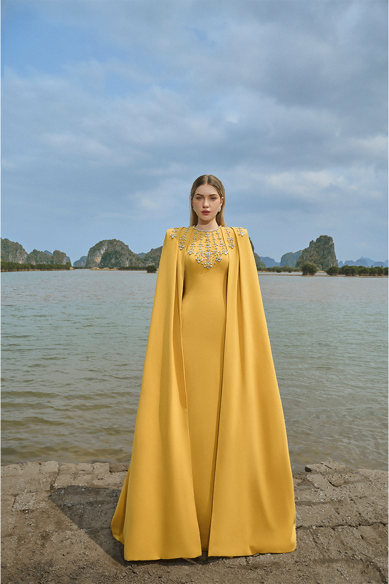 YELLOW STONE EMBELLISHED CAPE AND BODYCON GOWN SET - CULT MIA