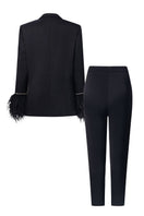 Black Kelly Taffeta Feather Suit Co-ords by 21Six, featuring a stylish jacket and matching pants with feather details.