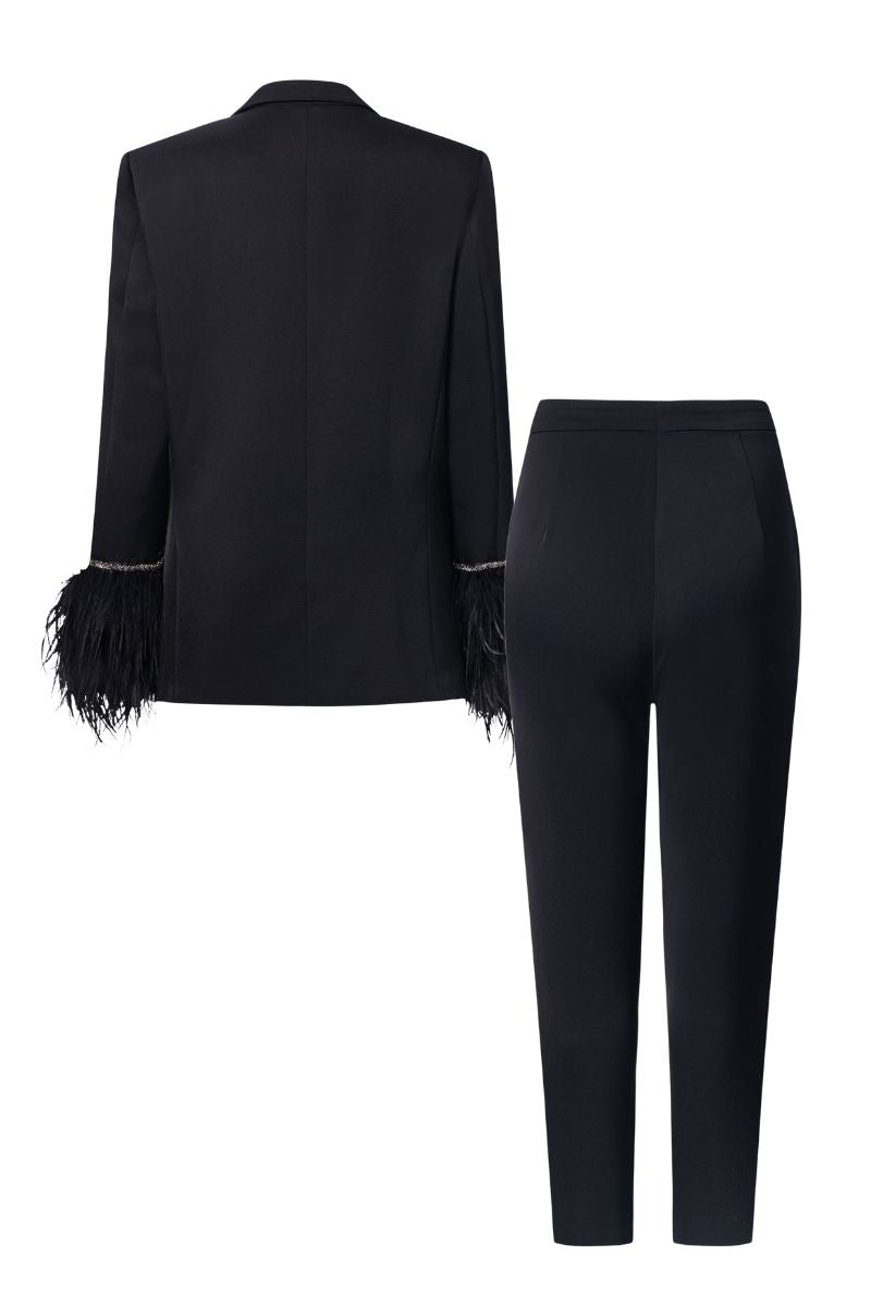 Black Kelly Taffeta Feather Suit Co-ords by 21Six, featuring a stylish jacket and matching pants with feather details.