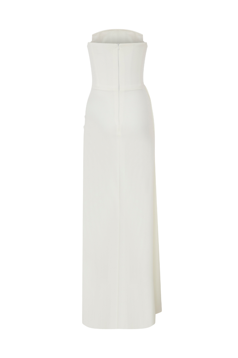 WHITE STRAPLESS CREPE DRESS WITH DEEP SLIT - CULT MIA