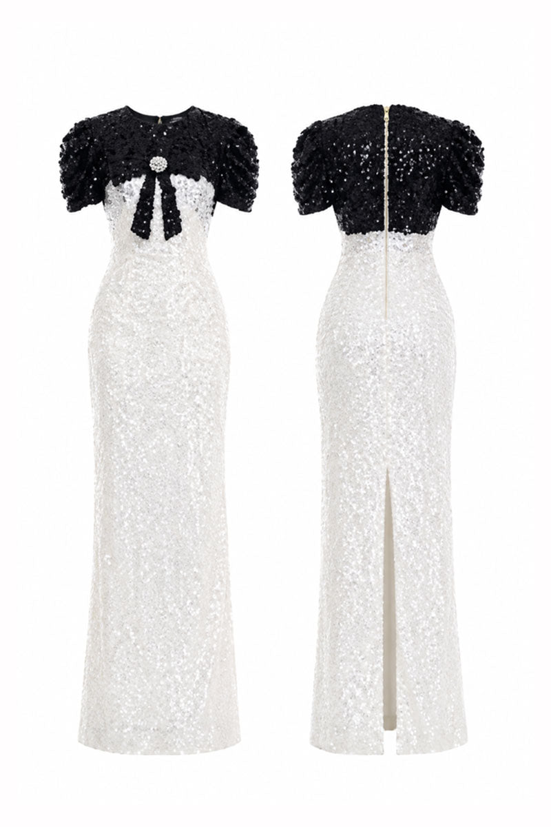 Ivory Bianca Contrast Sequin Gown by HACCHIC COUTURE, a luxurious maxi dress with elegant sequin details and flowing fabric.