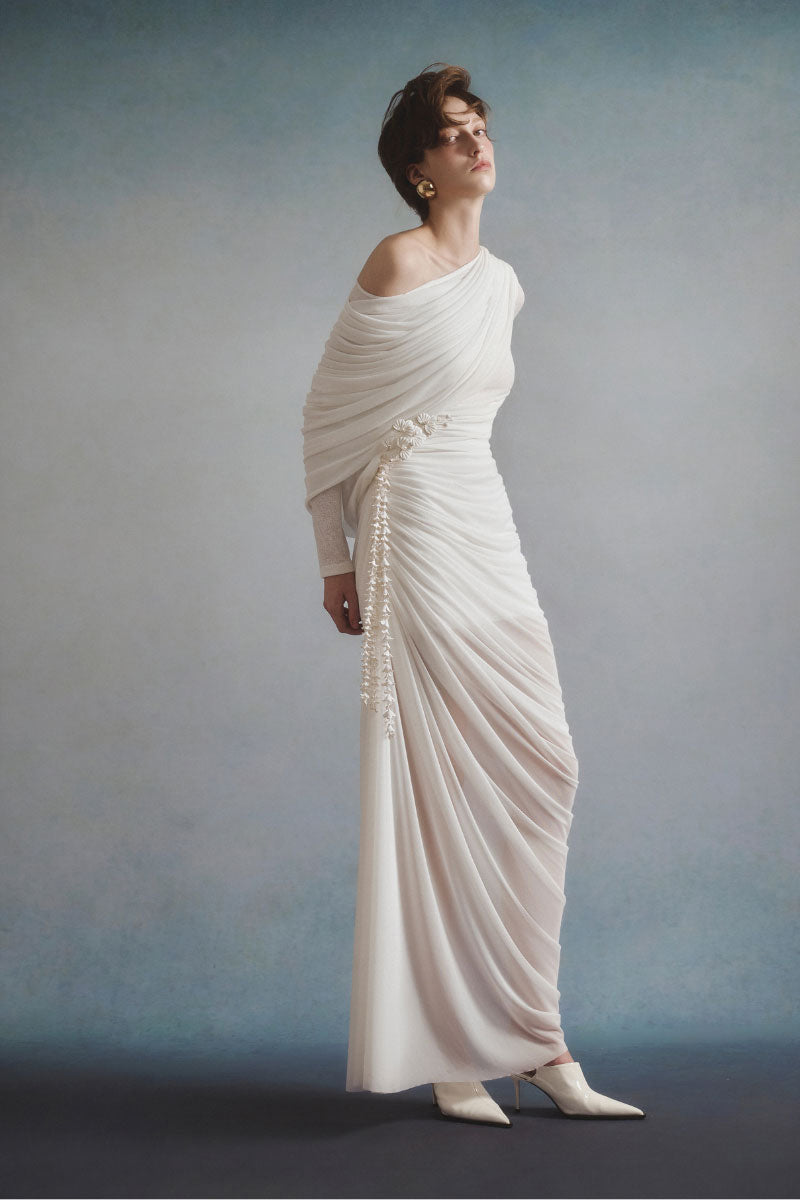White Plan Selene Draped Maxi Dress, flowy fabric with elegant draping and a sleeveless design, perfect for summer wear.