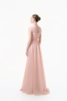 Elegant blush rose pleated draped maxi gown by Happy Clothing, featuring flowing fabric and sophisticated design.