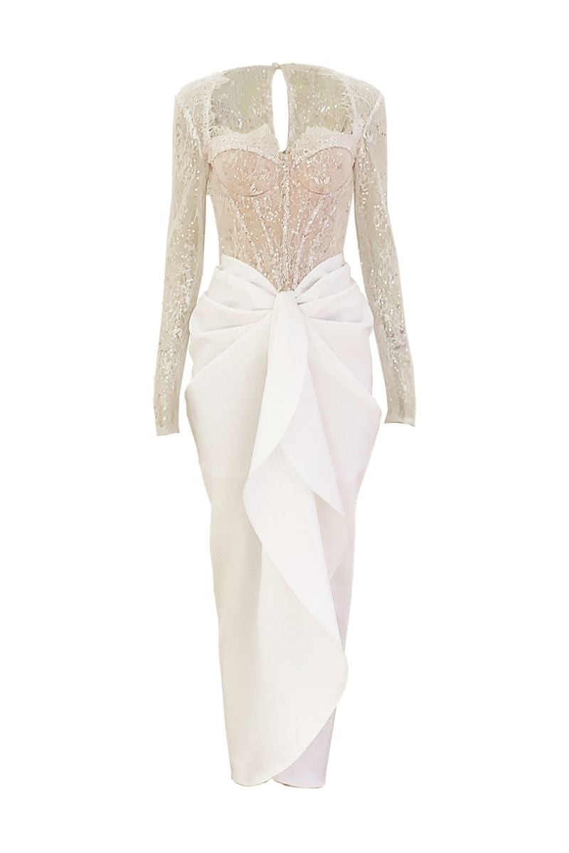 WHITE CORSET PLEATED FLAP MIDI DRESS - CULT MIA