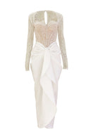White corset pleated flap midi dress by Do Long, featuring a fitted bodice, pleated details, and a flowing midi skirt.