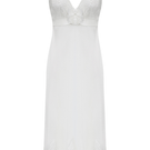 Bocan Couture Alba long silky chiffon nightgown with off-white lace trim, flowing and elegant for bedtime or lounge wear.