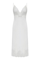 Bocan Couture Alba long silky chiffon nightgown with off-white lace trim, flowing and elegant for bedtime or lounge wear.