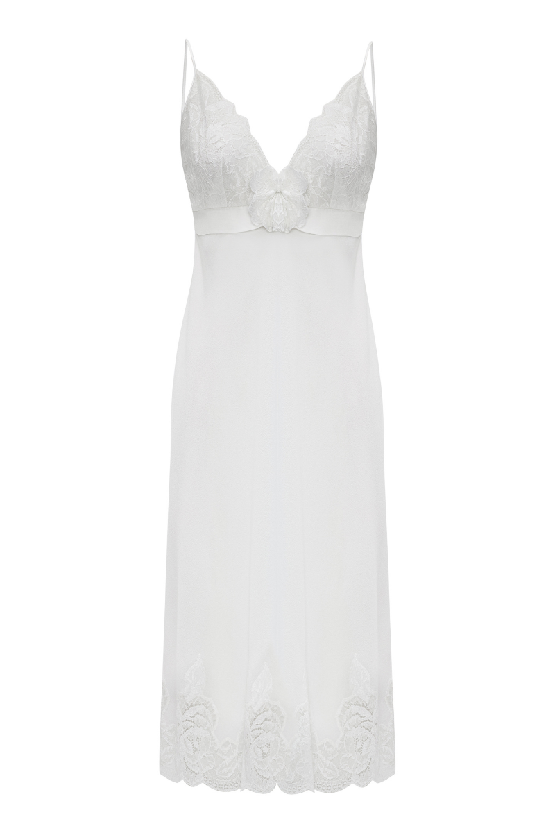 Bocan Couture Alba long silky chiffon nightgown with off-white lace trim, flowing and elegant for bedtime or lounge wear.