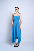 Aidan & Ice Flora Blue midi skirt with floral pattern, lightweight fabric, and high waist, displayed flat on a neutral background.