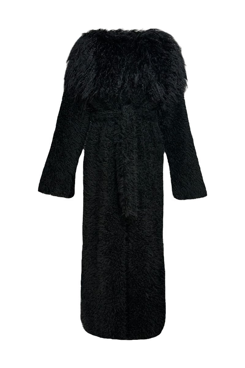 FAUX FUR MAXI COAT WITH FLARED SLEEVES IN BLACK - CULT MIA