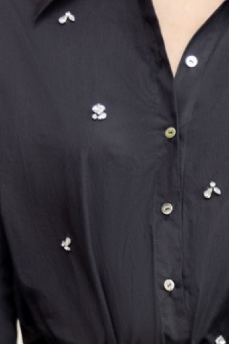 DESI BLACK RAW CRYSTAL SHIRT AND MIDI SKIRT - CULT MIA