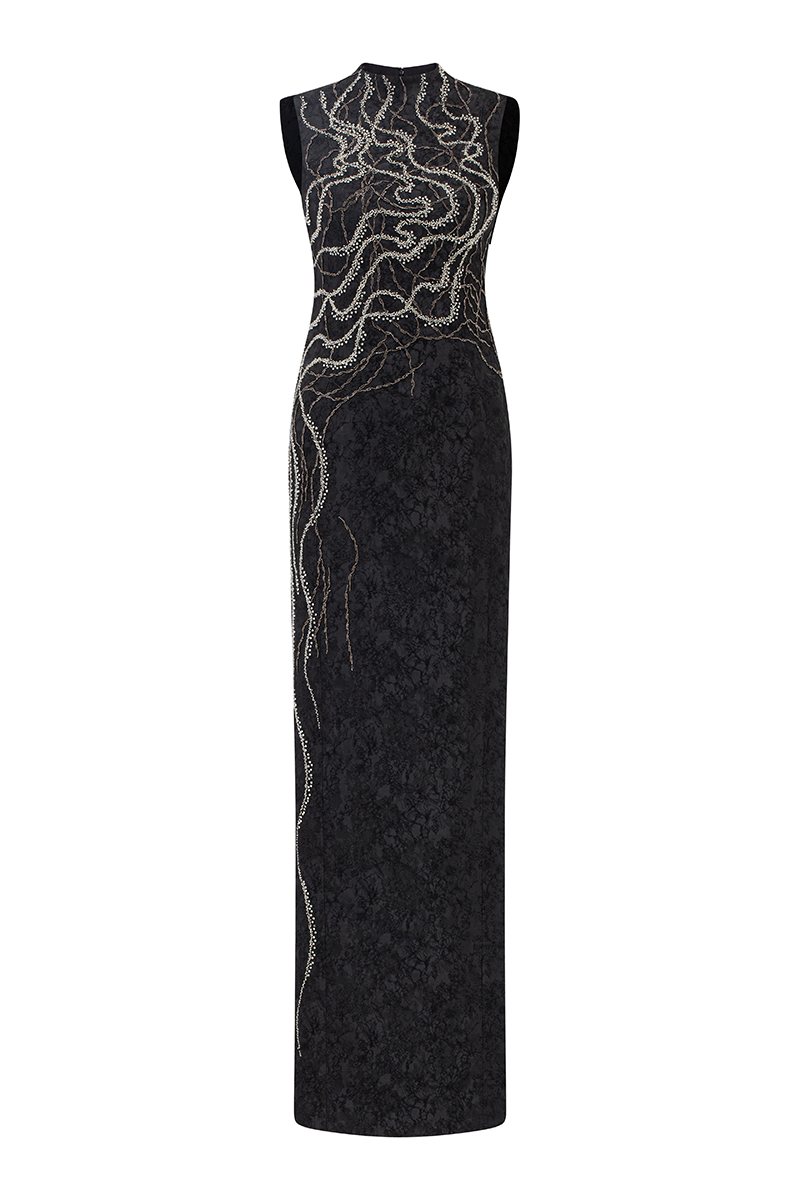HIGH NECK CRYSTAL EMBELLISHED STRAIGHT DRESS - CULT MIA