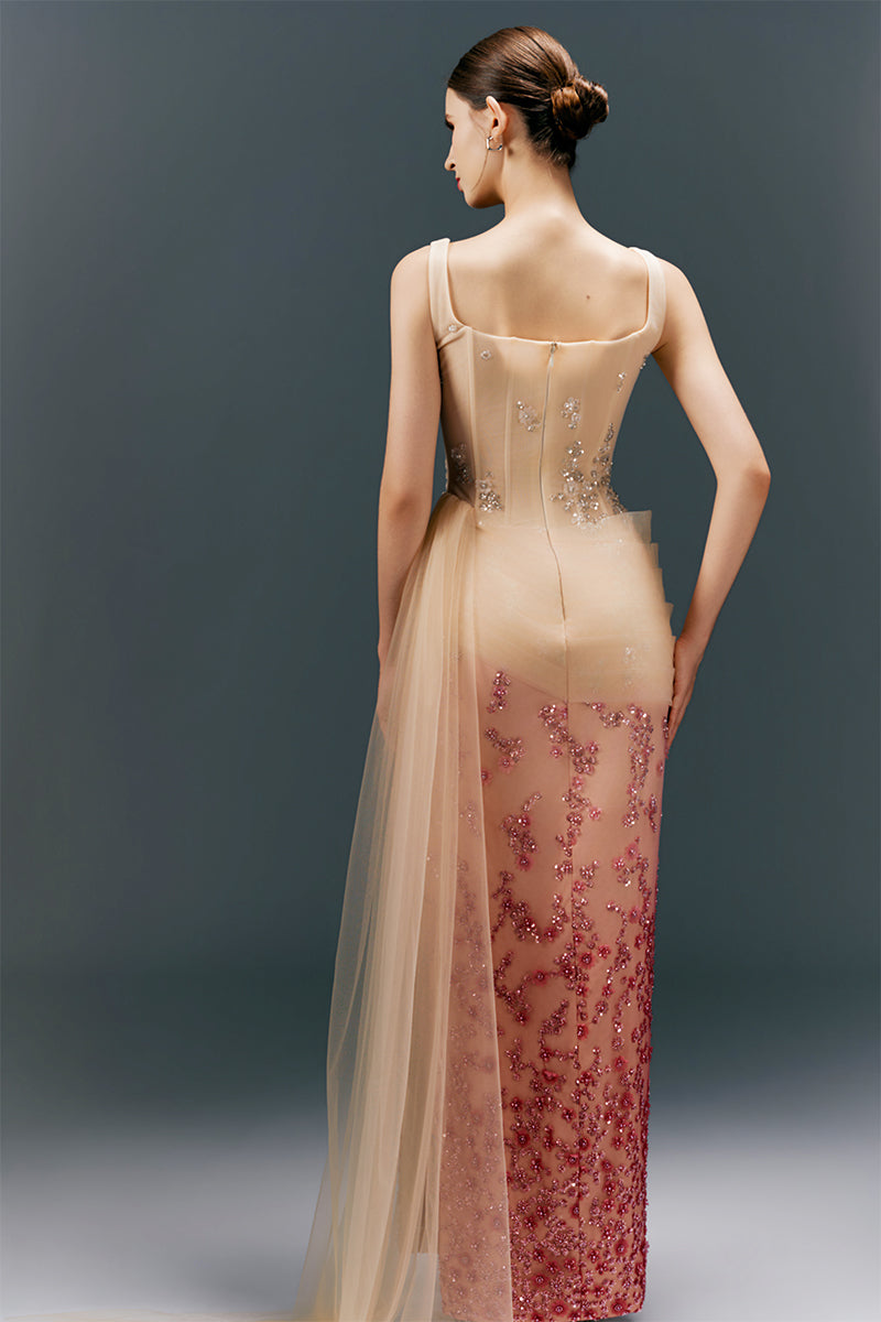 HAPPY CLOTHING CULT MIA X square neck pleated waist long gown with straight silhouette and elegant design.