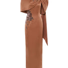HACCHIC COUTURE blush nude Aurora drape cape gown featuring flowing fabric and elegant design, perfect for formal occasions.