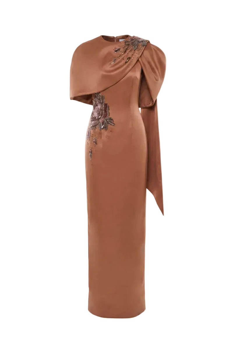 HACCHIC COUTURE blush nude Aurora drape cape gown, elegant maxi dress with flowing fabric and sophisticated design.