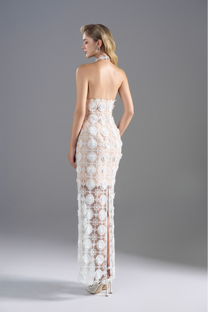 Rosee de Matin Halter Neck Lace Midi Dress in White | Cult Mia Rosee de Matin Halter Neck Lace Midi Dress in White | Cult Mia