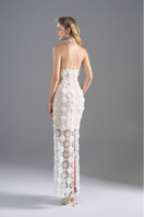 White halter neck lace midi dress by Rosee de Matin, showcasing intricate lace details and elegant fit.