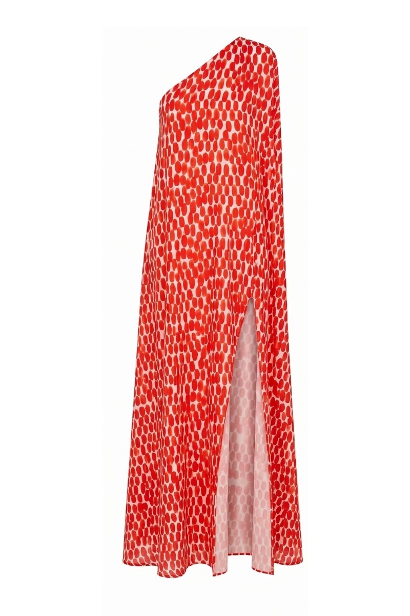 Sisters Amara maxi dress in Ruby Rush with flowing fabric and vibrant red color, perfect for elegant summer occasions.