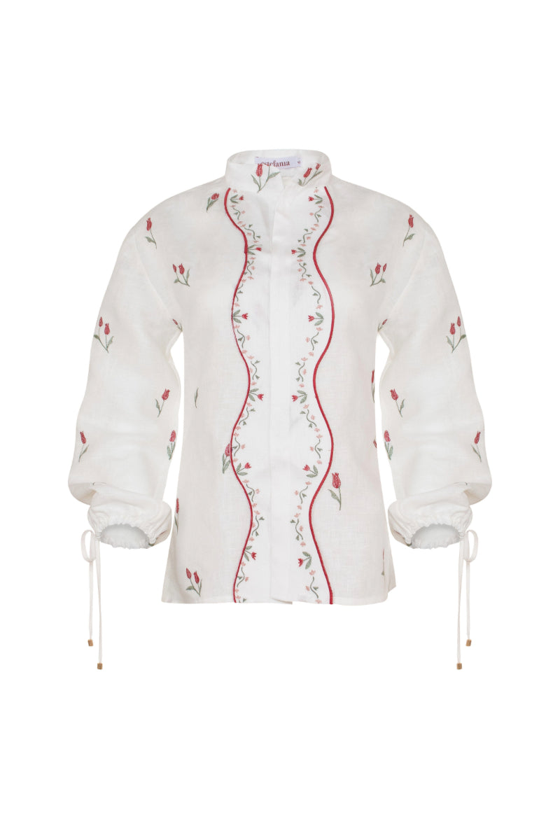 Estefania ivory tulip long sleeve shirt with a fitted silhouette and subtle floral detailing, perfect for casual or formal wear.