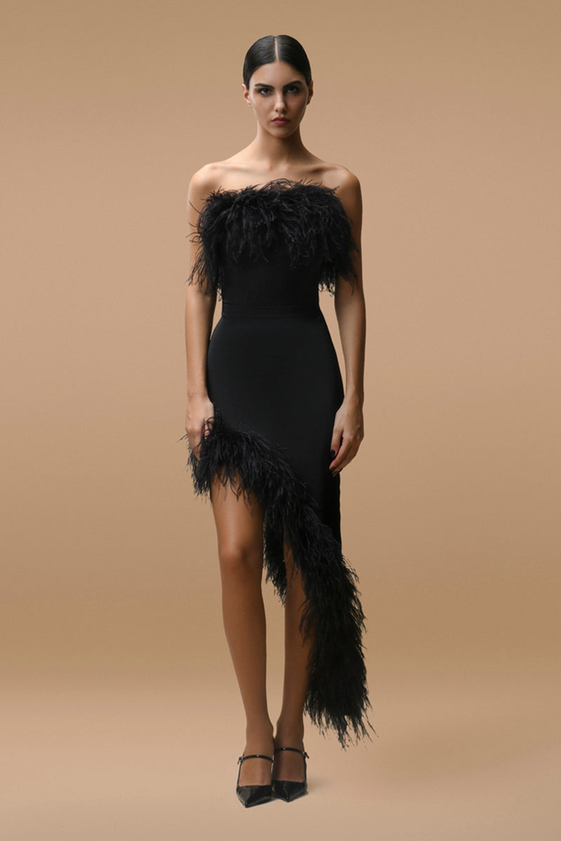 Black Valerie mini dress by Matters, shown in a stylish close-up image highlighting the fitted silhouette and elegant design.