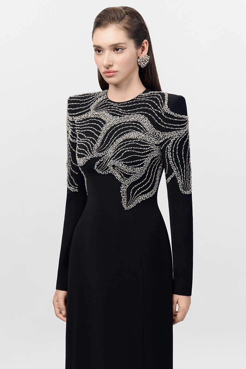 CRYSTAL EMBELLISHED SHOULDER STRAIGHT DRESS - CULT MIA