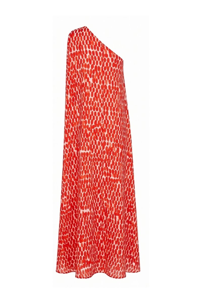 Sisters Amara maxi dress in Ruby Rush with flowing fabric and vibrant red color, perfect for elegant summer occasions.