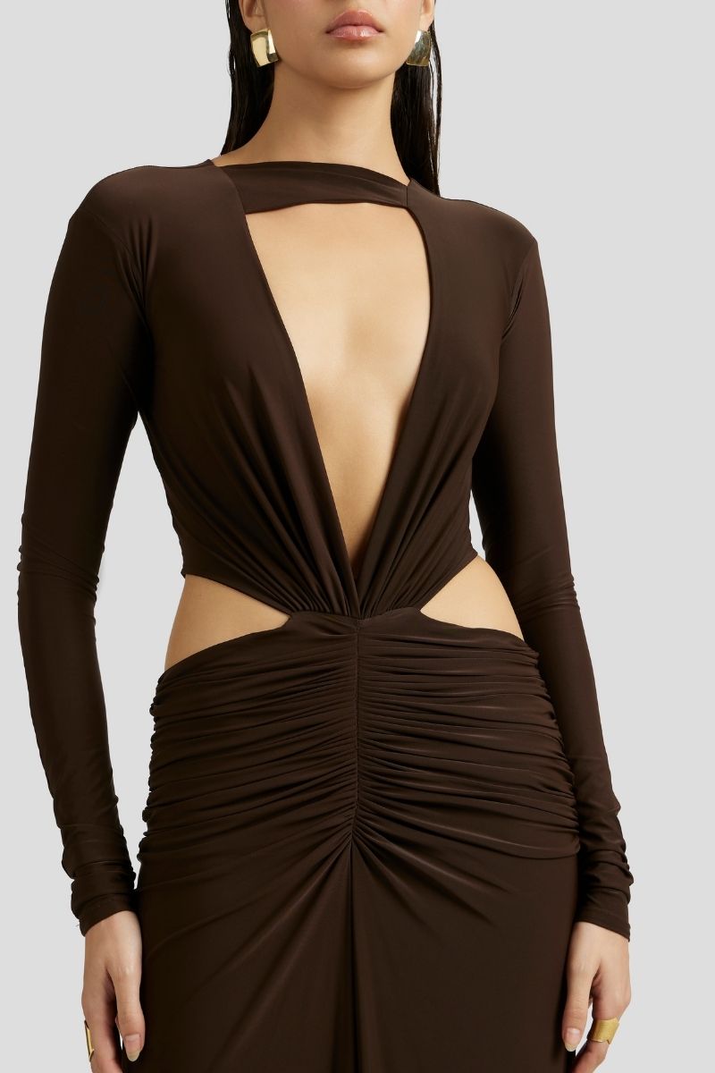 AMALIE MAXI DRESS IN CHOCOLATE BROWN - CULT MIA