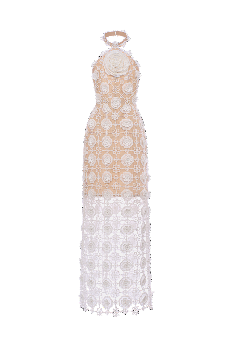 HALTER NECK LACE MIDI DRESS IN WHITE