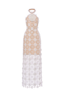 White halter neck lace midi dress by Rosee de Matin, featuring a flowing maxi dress style with intricate lace details.