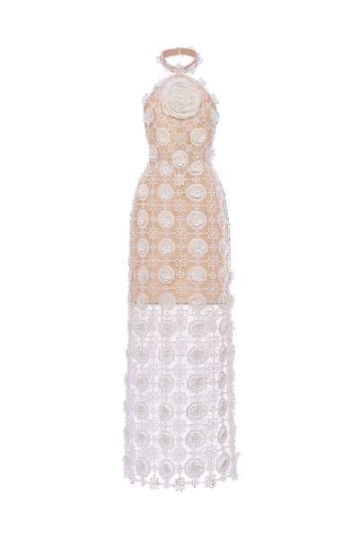 Rosee de Matin Halter Neck Lace Midi Dress in White
