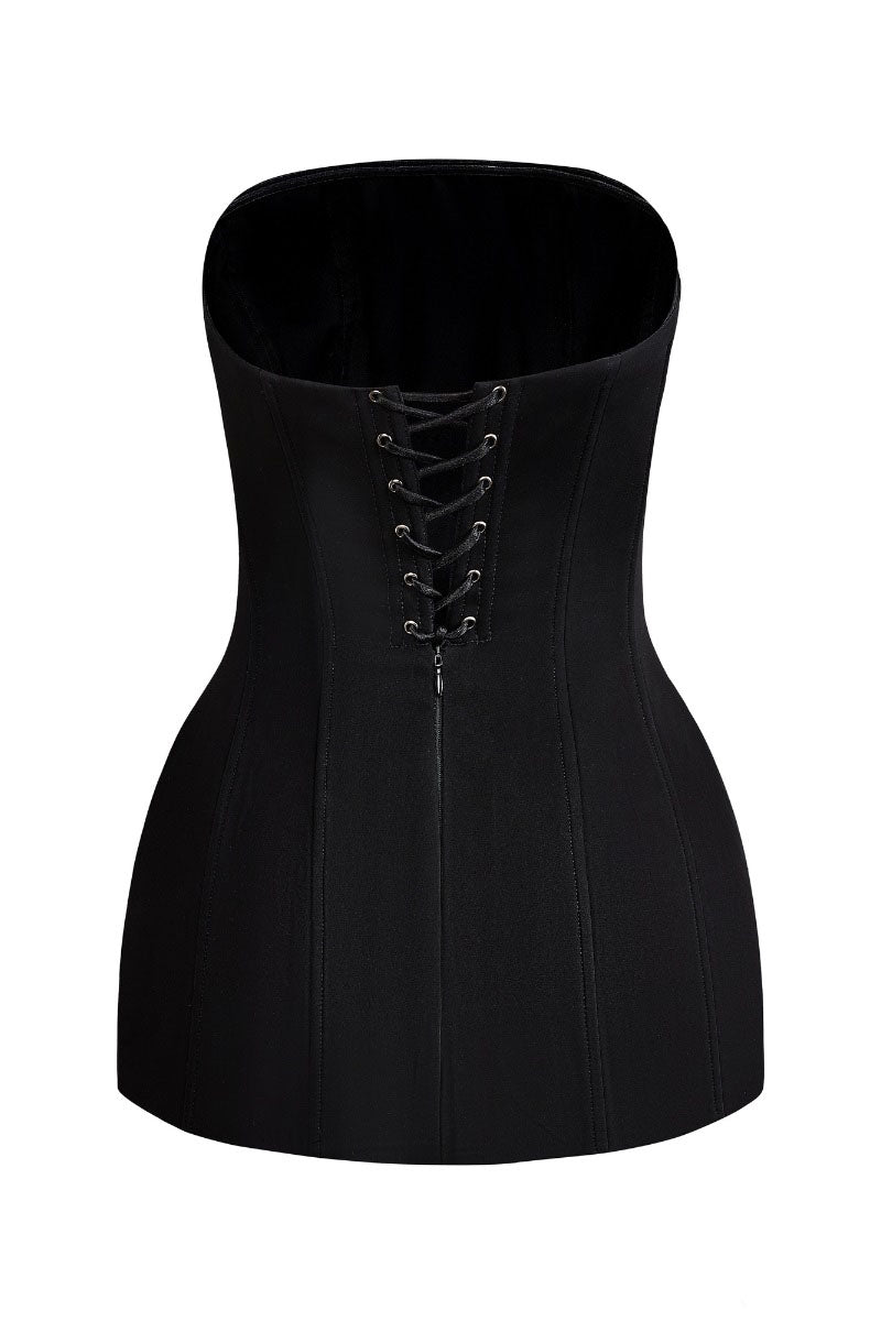 Black strapless crepe top from CEM, stylish sleeveless top with a smooth crepe fabric and fitted design.