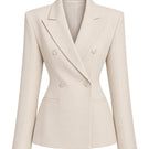 Keira Tong double-breasted flap blazer in black, tailored with notch lapels and front flap pockets, viewed on a mannequin.