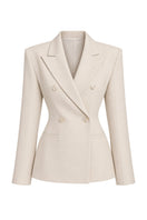 Keira Tong double-breasted flap blazer in black, tailored with notch lapels and front flap pockets, viewed on a mannequin.