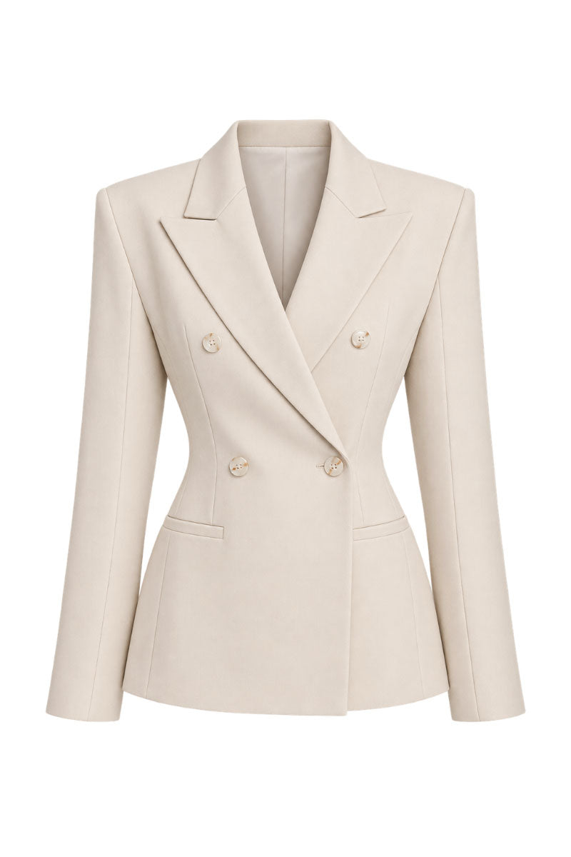 Keira Tong double-breasted flap blazer in black, tailored with notch lapels and front flap pockets, viewed on a mannequin.