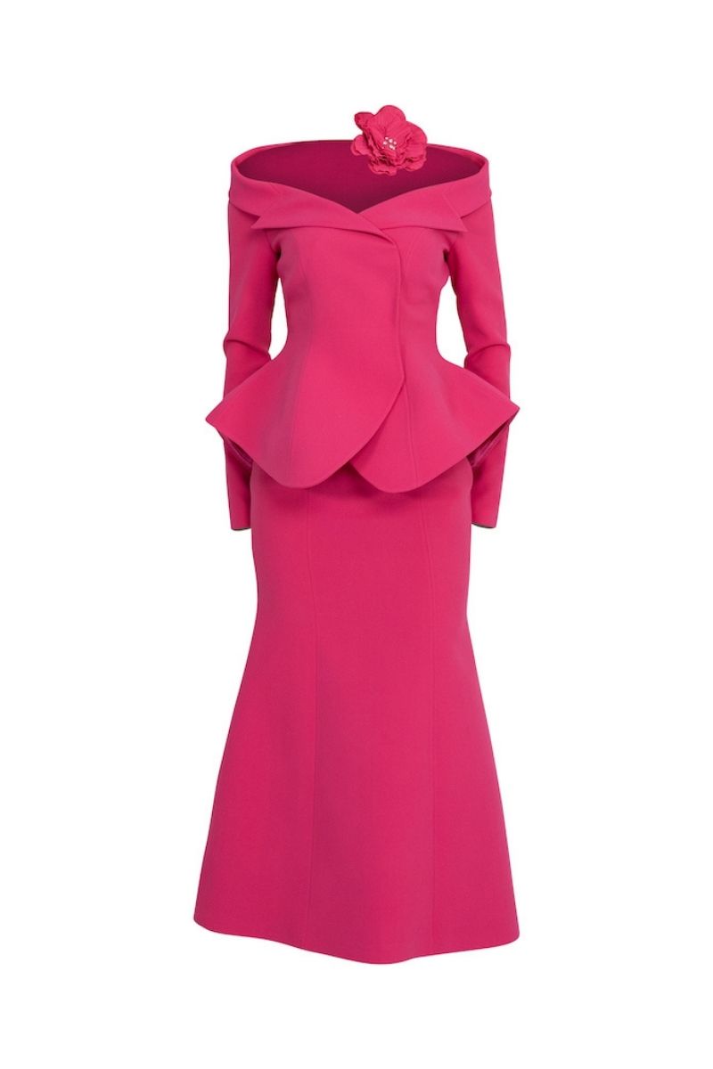 FUCHSIA TWO-PIECE HANDMADE FLORAL DETAIL MAXI SUIT - CULT MIA