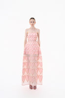Blush pink embellished gown with heart motif by Happy Clothing, featuring intricate beadwork and flowing fabric.