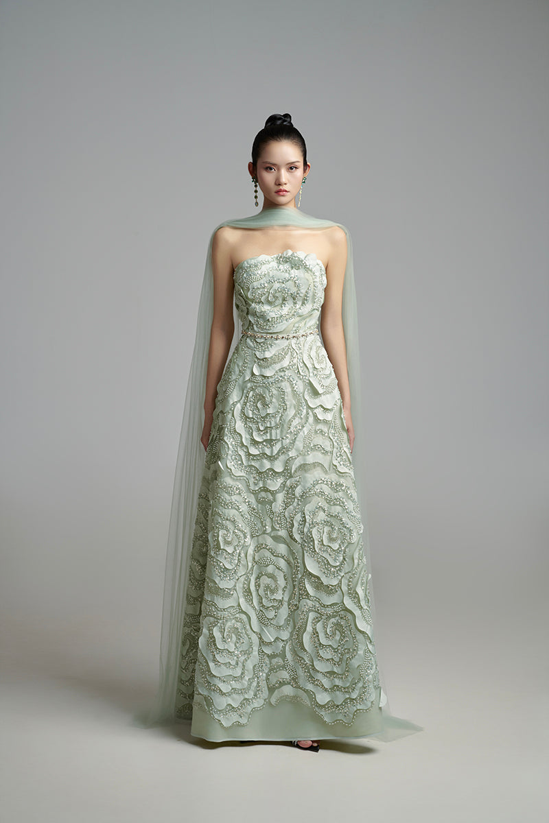 FLOWER WAVE A LINE MAXI DRESS WITH SCARF DETAIL