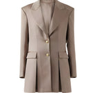 Taupe pleated blazer dress by DOC BAN, featuring a tailored blazer style with pleats and a sleek, elegant fit.
