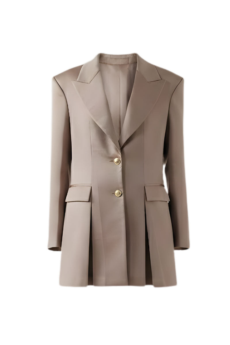 Taupe pleated blazer dress by DOC BAN, featuring a tailored fit, pleated skirt, and classic blazer style for a sophisticated look.