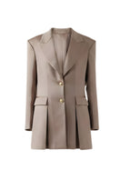 Taupe pleated blazer dress by DOC BAN, featuring a tailored blazer style with pleats and a sleek, elegant fit.