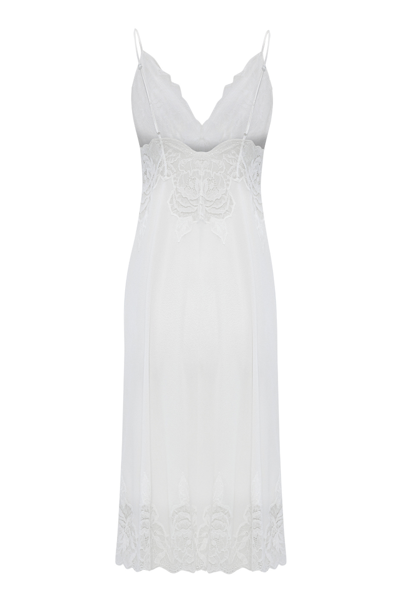 Bocan Couture Alba long silky chiffon nightgown with off-white lace detailing, flowing fabric and elegant design.