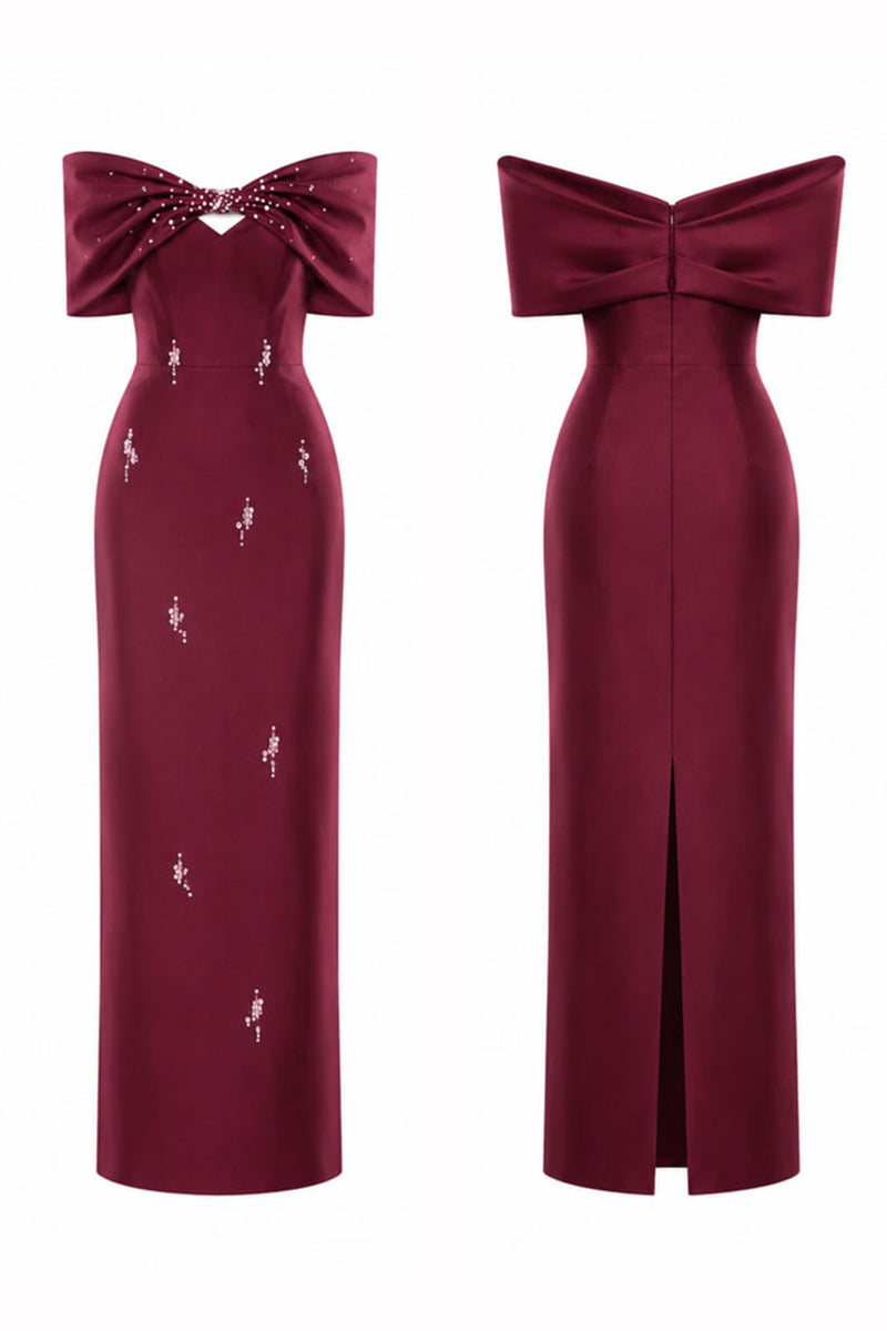 Wine red Ruby Bow midi dress by HACCHIC COUTURE, featuring a fitted silhouette and elegant bow detail at the waist.