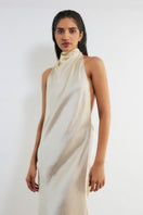 Deme By Gabriella Shannyn off-white high-neck satin gown with elegant draping and long sleeves, perfect for formal occasions.