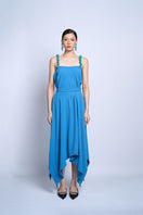 Aidan & Ice Flora Blue Midi Skirt with floral pattern, high waist, and flowy fabric, perfect for casual or semi-formal wear.